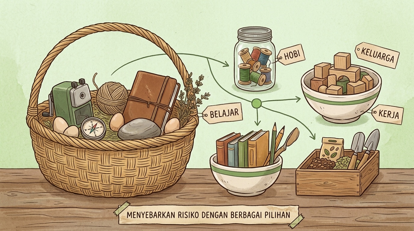 Ilustrasi diversifikasi berupa beberapa keranjang berisi berbagai jenis benda
