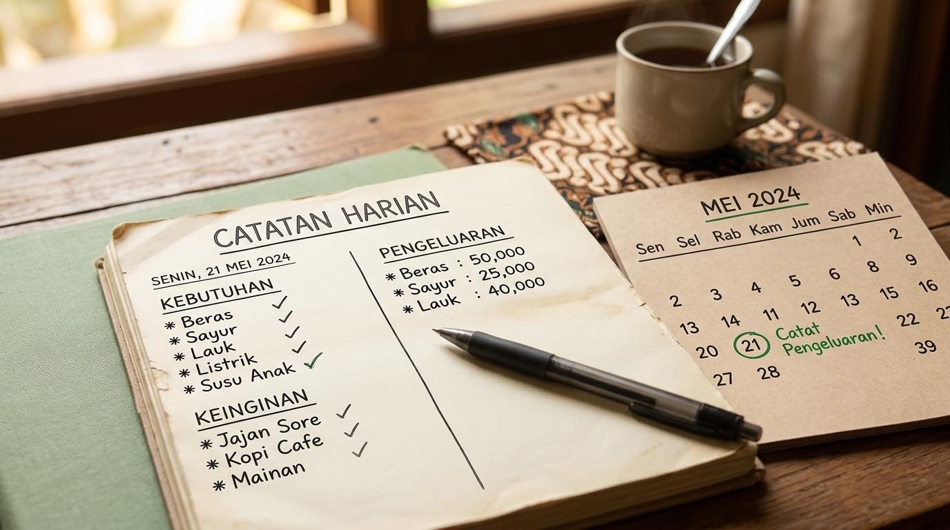 Ilustrasi catatan kebutuhan harian dan kalender sederhana sebagai bagian edukasi finansial