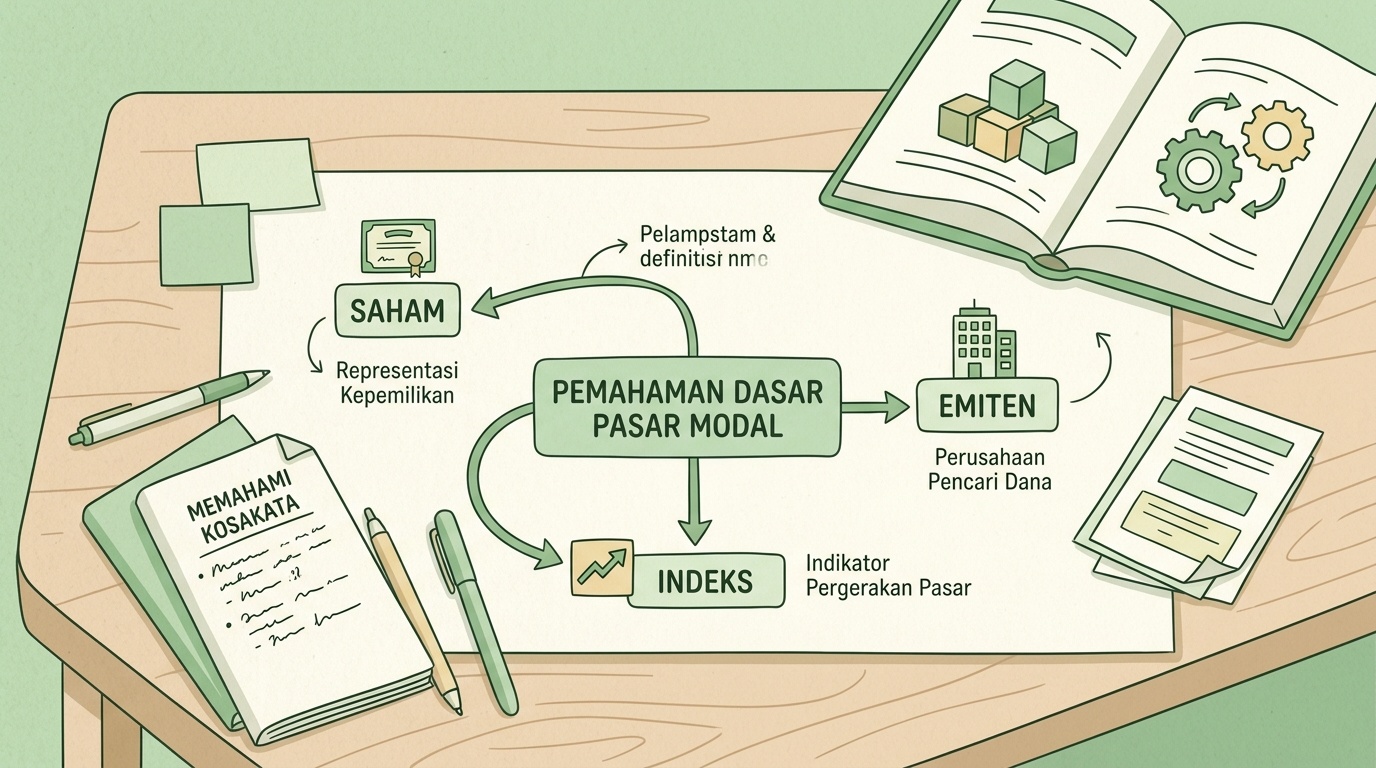Ilustrasi konsep istilah dasar pasar modal berupa diagram sederhana dan catatan