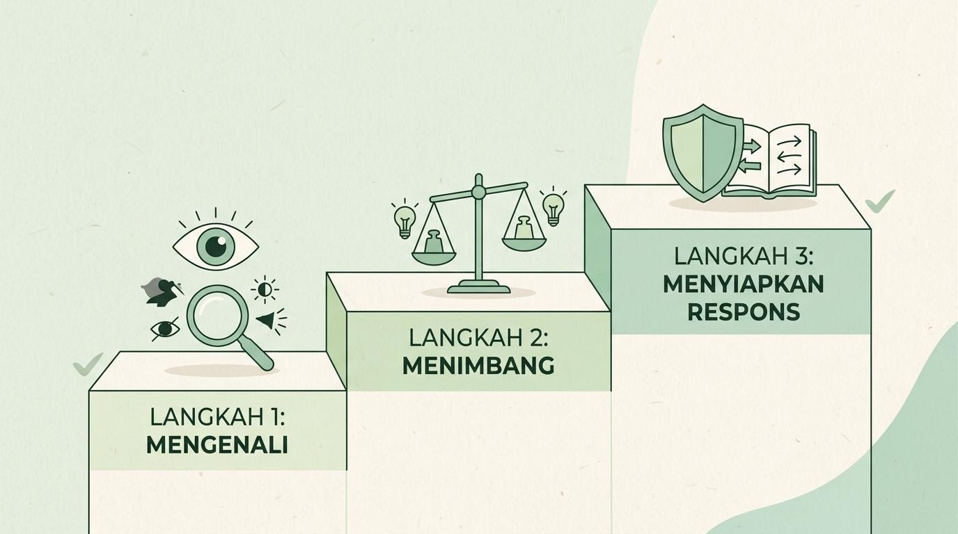 Ilustrasi langkah-langkah sederhana menata risiko berupa anak tangga dan tanda perhatian