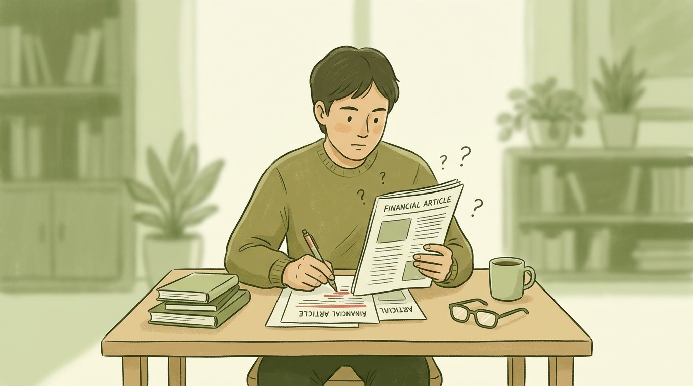 Ilustrasi seseorang membaca artikel dengan catatan dan tanda tanya kecil di sisinya
