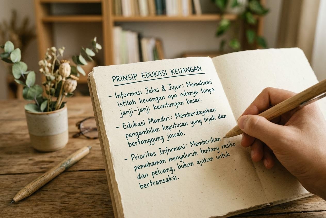 Catatan dan papan kecil berisi prinsip edukasi keuangan yang ditulis tangan