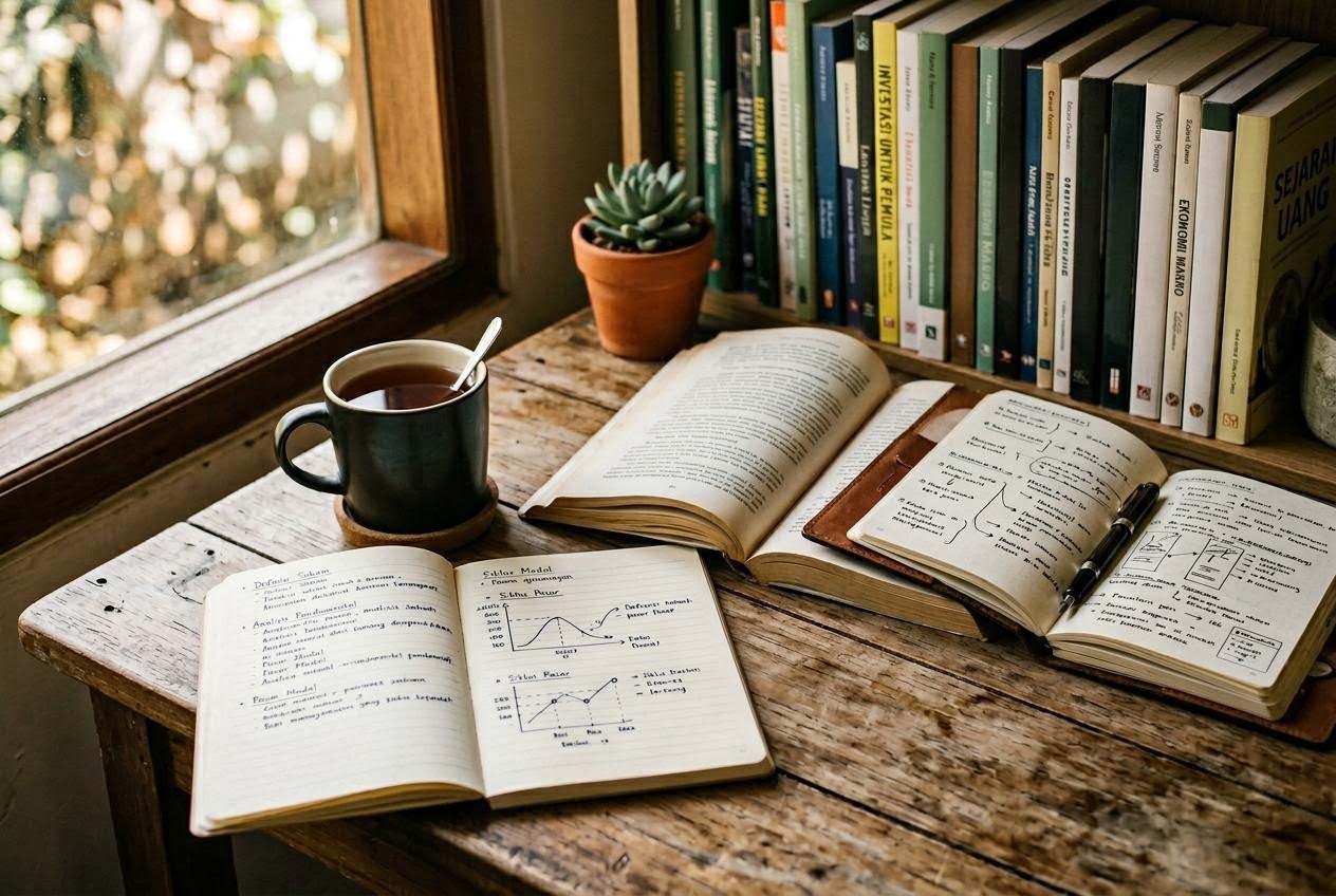 Suasana ruang baca tenang dengan buku dan catatan untuk belajar istilah keuangan
